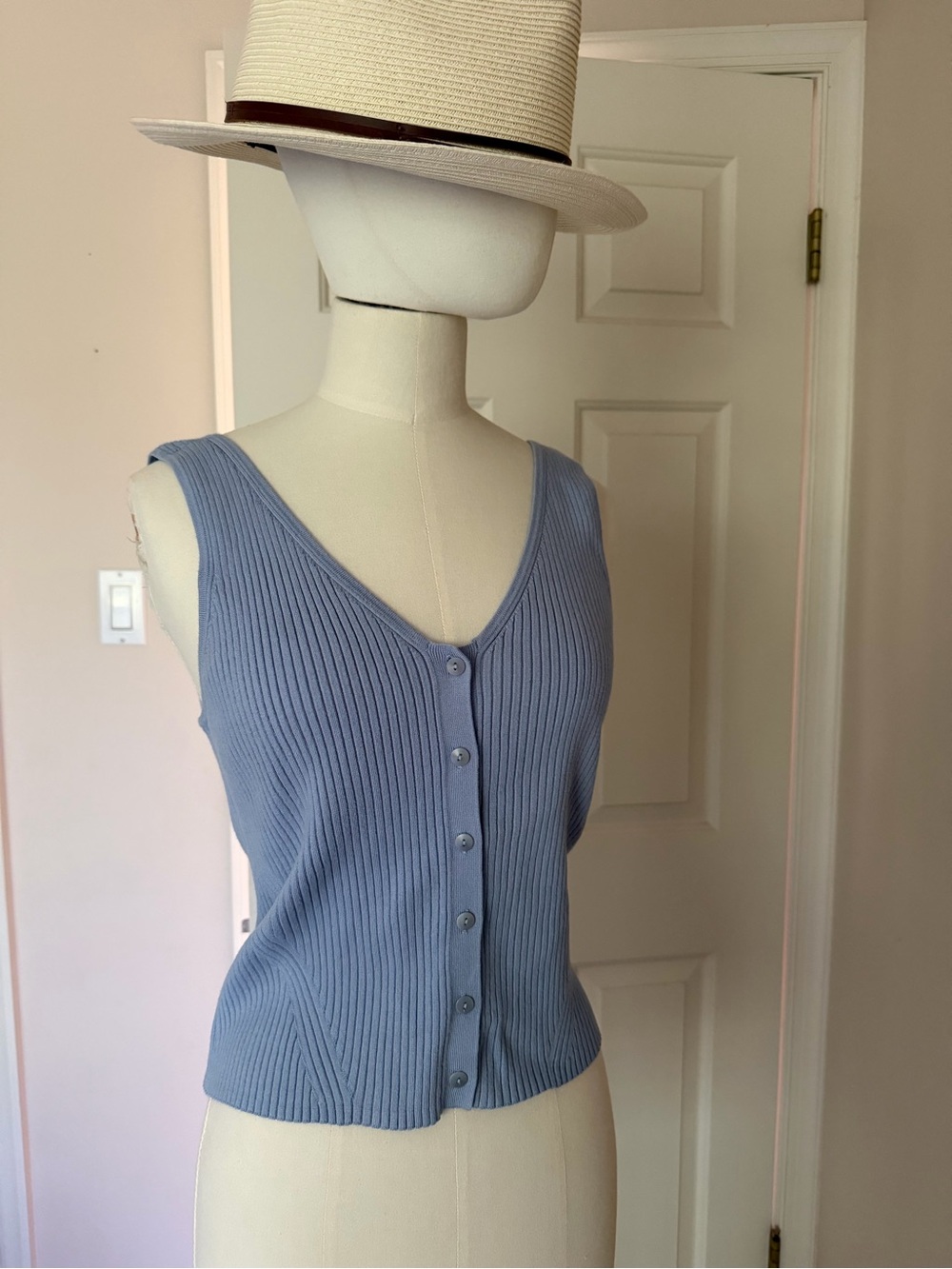 Madewell Ribbed Button-Front V-Neck Tank - Light Blue